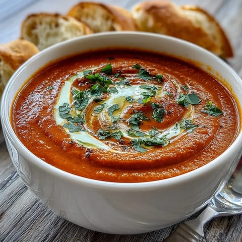 Creamy Roasted Red Pepper Soup with a swirl of Greek yogurt and fresh cilantro garnish.