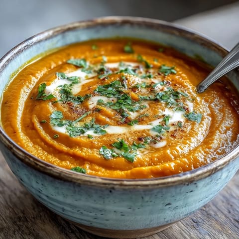 Creamy carrot and lentil soup topped with fresh cilantro and a swirl of coconut cream in a rustic bowl.