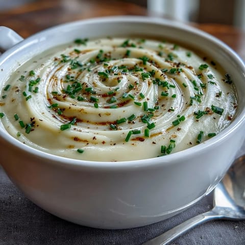 Steaming pot of homemade Potato Leek Soup with sautéed leeks and diced Yukon Gold potatoes. 
