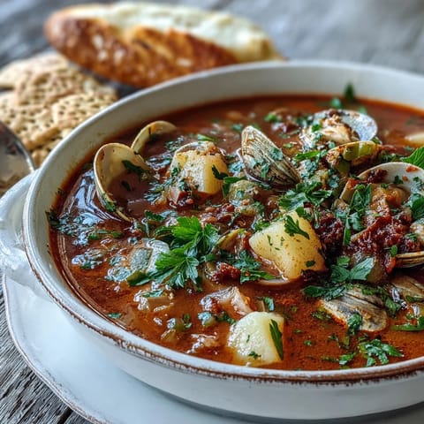 A warm bowl of Manhattan Clam Chowder with tender clams, diced potatoes, and red tomato broth.
