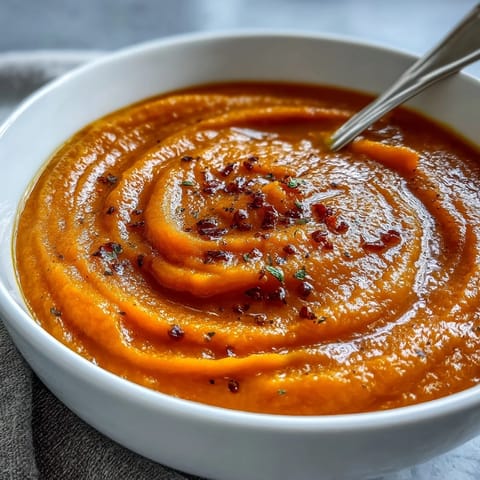 A bowl of Carrot Ginger Soup garnished with toasted pumpkin seeds, paired with crusty bread for dipping.