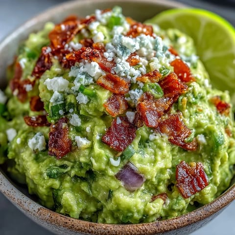 Hearty Bacon Guacamole With Cotija Cheese garnished with red onion and cilantro, ready for dipping with tortilla chips.