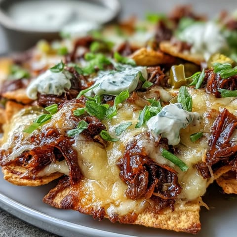 Loaded BBQ Beef Nachos with smoky barbecue beef, pickled jalapeños, and diced tomatoes, served hot from the oven for game day.