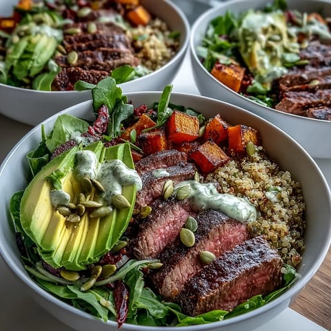 Smoky sliced steak and golden butternut squash mingle with vibrant greens and red onion in this hearty bowl.