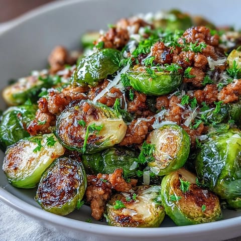 Fork-tender Brussels sprouts and seasoned ground turkey mingle with garlic in a skillet, perfect for a quick weeknight dinner.