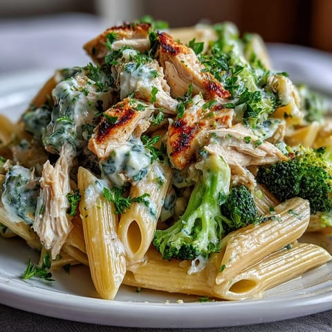 A close-up view of a high protein rotisserie chicken broccoli pasta skillet, garnished with fresh parsley and extra Parmesan.