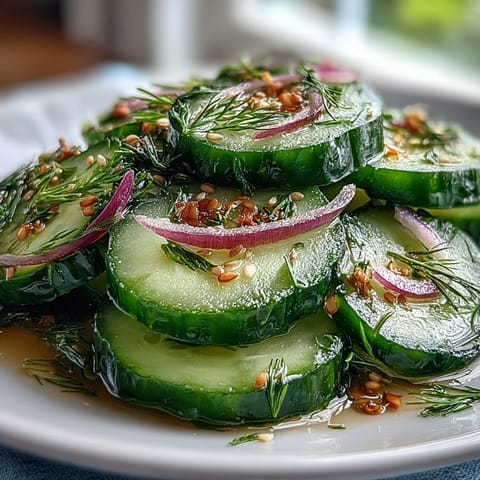 Refreshing Crunchy Cucumber Salad with thinly sliced cucumbers and cherry tomatoes in a bright dressing, garnished with fresh herbs and toasted sesame seeds on a chilled platter.