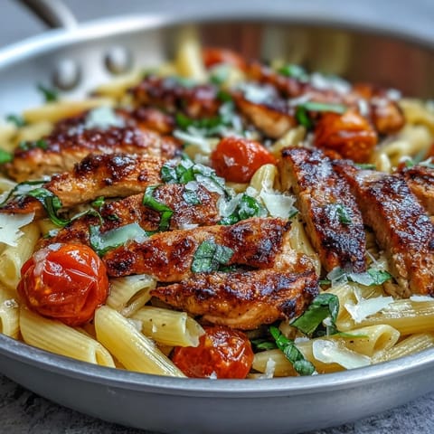 Steaming bowls of Bruschetta Chicken Pasta feature mozzarella, Parmesan, and balsamic glaze on a rustic dinner table.