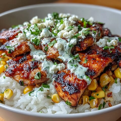A vibrant serving of Street Corn Chicken and Rice Bowls features juicy chicken slices, cotija cheese, fresh cilantro, and lime wedges on a rustic table.