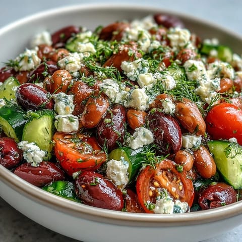 A refreshing Greek Bean Salad with Lemon Marinated Beans, topped with crumbled feta and briny Kalamata olives, ready to serve.