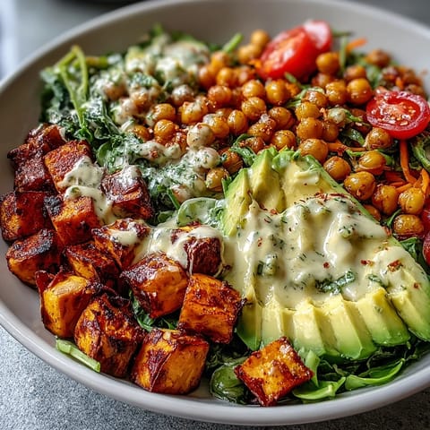 A nourishing vegan Breakfast Buddha Bowl filled with mixed greens, cucumber, cherry tomatoes, and shredded carrots, perfect for a healthy morning.