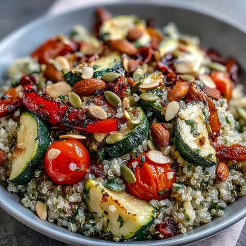 Colorful Veggie and Quinoa Power Bowl with roasted vegetables, black beans, and crunchy nuts drizzled with lemon vinaigrette.