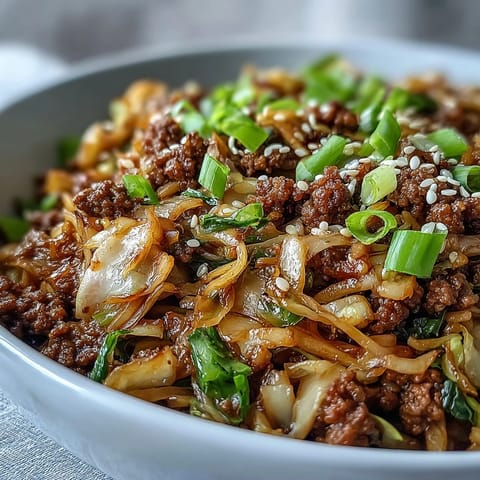 Tender ground turkey and crunchy carrots create a low carb Egg Roll in a Bowl recipe, garnished with fresh green onions and sesame seeds.