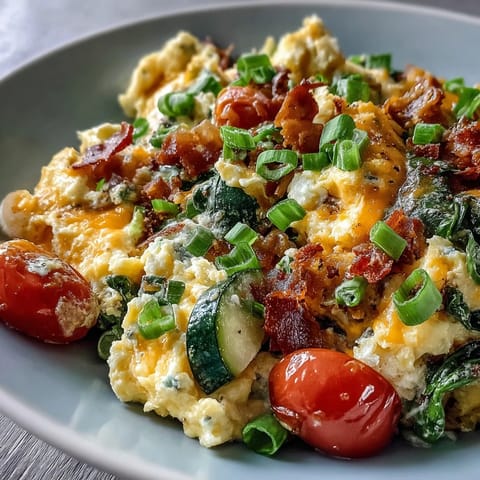 Vibrant Scrambled Egg and Veggie Bowl with fluffy eggs and sautéed peppers.