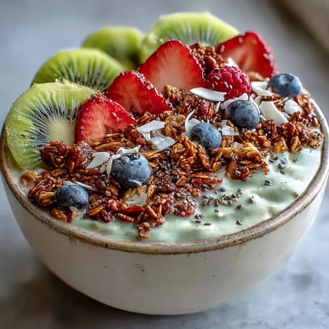 Creamy hojicha smoothie bowl topped with granola, fresh berries, kiwi, and chia seeds for a nourishing breakfast.