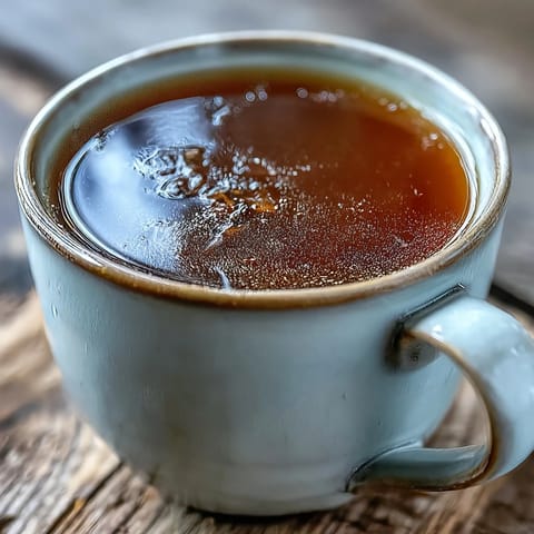 Steaming Hojicha Americano in a clear glass mug on a rustic wooden saucer.
