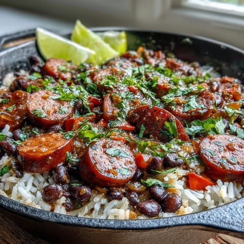 Close-up of a finished Black Beans, Sausage, and Rice Skillet in a cast-iron pan, garnished with fresh cilantro and lime wedges.
