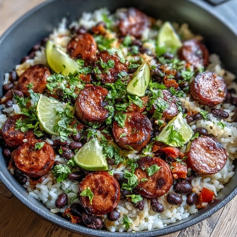 A steaming Black Beans, Sausage, and Rice Skillet served in a rustic bowl topped with cilantro and avocado slices.