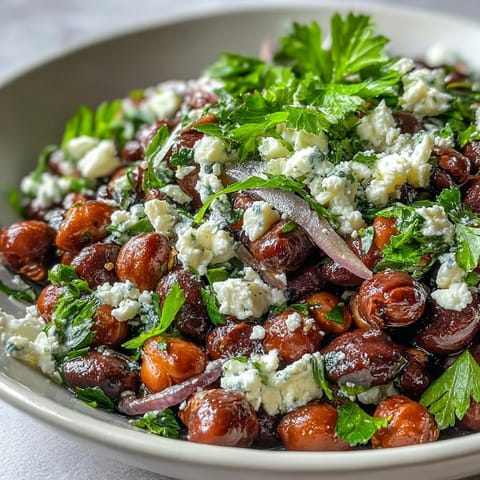 A close-up of Divorce Salad highlighting red onion slices and glistening olive oil dressing, ready to serve. 