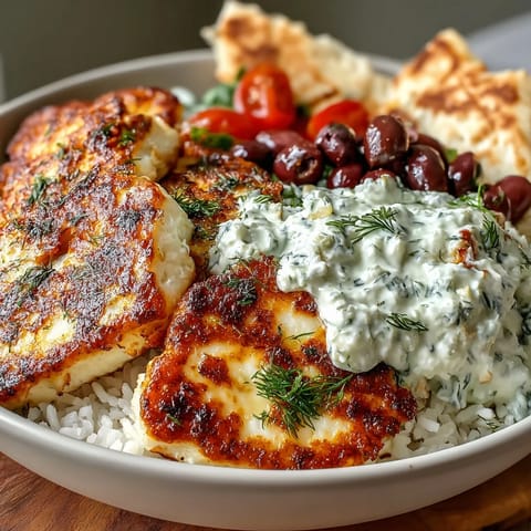 A close-up of the Greek Halloumi Power Bowl with warm pita wedges, ripe cherry tomatoes, and salty Kalamata olives.