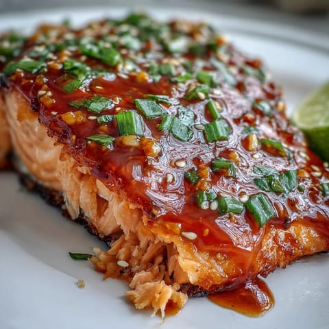 Golden pan-seared Bang Bang Salmon topped with spicy glaze, fresh lime wedges, and sesame seeds on a clean white plate.