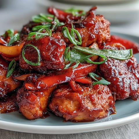Fork tender Spicy Sweet Chicken Diablo served over fluffy white jasmine rice, garnished with fresh green onions and sesame seeds.
