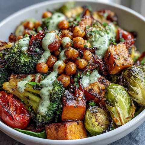 Vibrant Roasted Veggie & Chickpea Bowls featuring roasted broccoli, Brussels sprouts, and sweet potato, finished with rich tahini sauce for a nourishing vegan dinner.