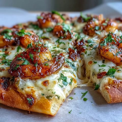 Freshly broiled Garlic Butter Shrimp Naan Pizzas sit on a wooden board beside a small bowl of parsley.