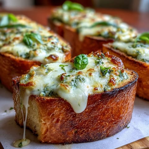 Golden-brown Pesto Chicken Garlic Bread Boats fresh from the oven, filled with bubbly mozzarella.