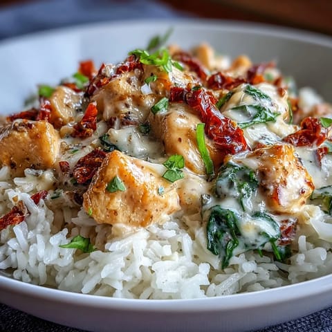 Golden-brown chicken pieces simmer in a creamy garlic-Parmesan sauce with fluffy rice in this Tuscan Chicken Rice Skillet.