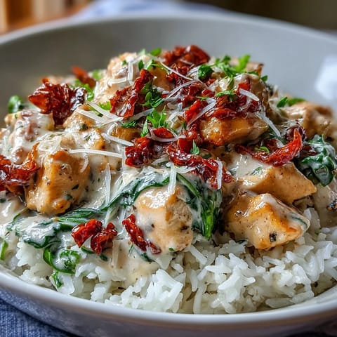 Creamy Tuscan Chicken Rice Skillet features wilted spinach and sun-dried tomatoes in a rich, cheesy sauce.