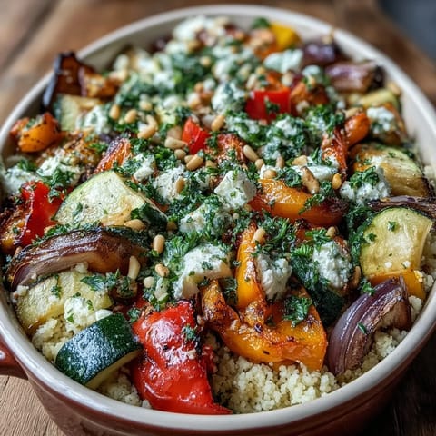 Overhead view of the Mediterranean-inspired Roasted Veggie & Feta Couscous Bake. Colorful roasted vegetables are nestled in fluffy couscous, topped with crumbled feta and fresh parsley, ready to be served as a warm side dish.