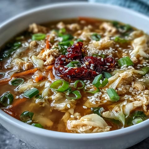 Close-up view of Egg Roll Soup with Chicken & Cabbage featuring tender veggies and savory broth.