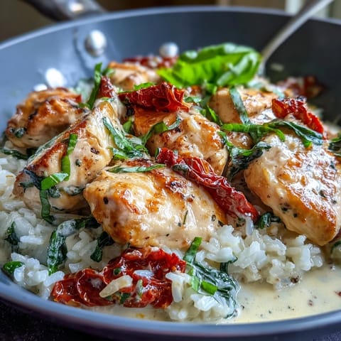 Golden-brown chicken pieces, creamy garlic-Parmesan sauce, and sun-dried tomatoes simmer in a one-pan Creamy Tuscan Chicken Rice Skillet.