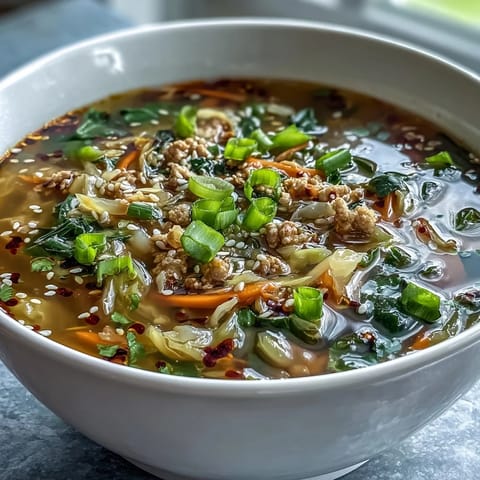 Hot Egg Roll Soup with Chicken & Cabbage, simmered in a savory broth and topped with spicy chili crisp.
