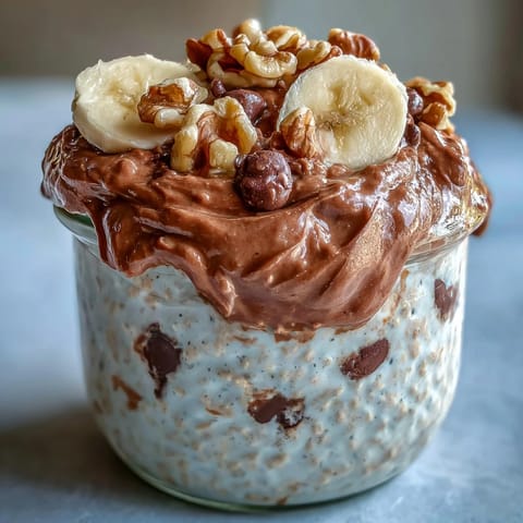 Chunky Monkey Protein Overnight Oats layered with banana slices and creamy peanut butter in a glass jar. 