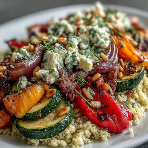 Golden roasted zucchini, bell peppers, and eggplant are folded into fluffy couscous, then baked with melty feta for the Roasted Veggie & Feta Couscous Bake.