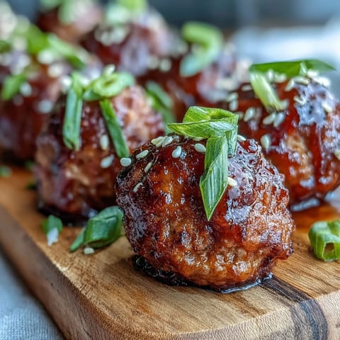 Golden-brown Spicy Chili Honey Turkey Meatballs glistening with a sticky, sweet glaze on a rustic white plate.