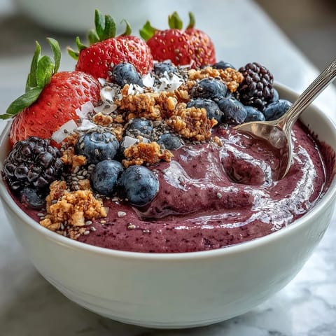 A vibrant purple Berry Greek Yogurt Smoothie Bowl garnished with chia seeds, coconut flakes, and sliced almonds.