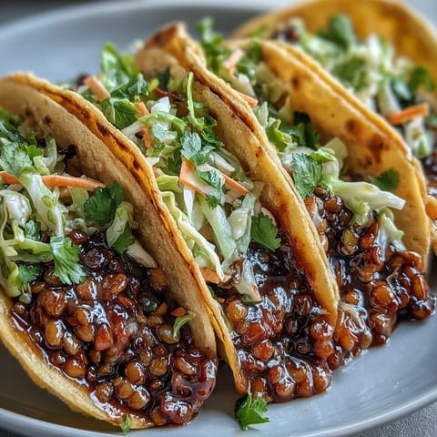 Warm vegan BBQ lentil tacos topped with colorful cabbage slaw and fresh cilantro on a plate.