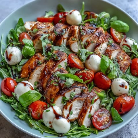 Sliceable Grilled Chicken Caprese Bowls over greens, showcasing golden-grilled chicken breasts, creamy mozzarella, and a rich balsamic drizzle.