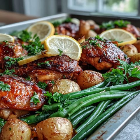 A close-up of Sheet Pan Lemon Garlic Chicken with Potatoes and Green Beans showing juicy chicken and crisp veggies