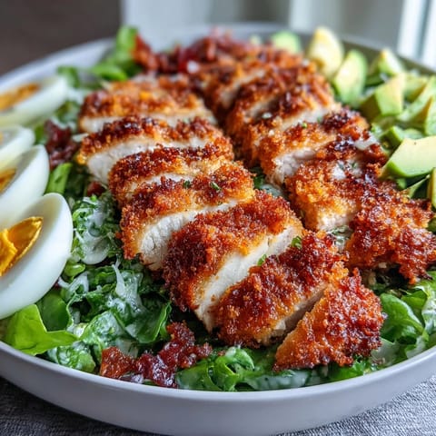 Golden-brown Parmesan Crusted Chicken Cobb Salad featuring a hearty arrangement of eggs, tomatoes, and a creamy, tangy dressing.