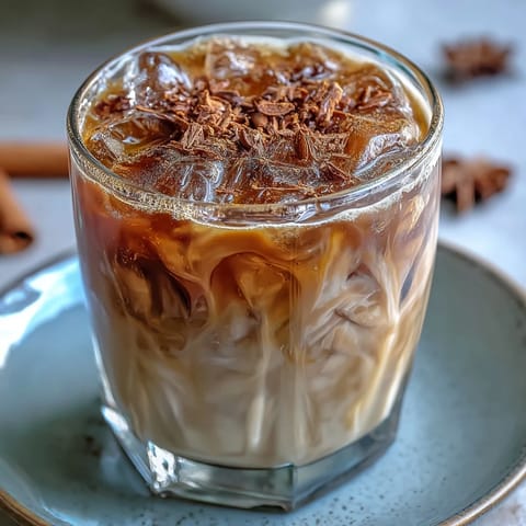 A creamy iced hojicha tea with a hint of cinnamon, served over ice in a clear glass.  