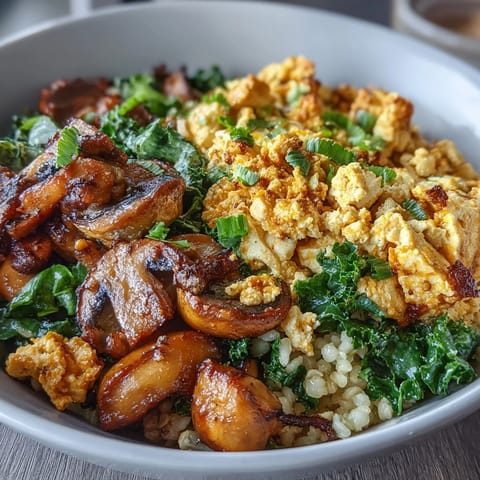 A protein-packed vegan breakfast featuring golden scrambled tofu, garlicky mushrooms, and wilted kale served over fluffy whole wheat couscous.  