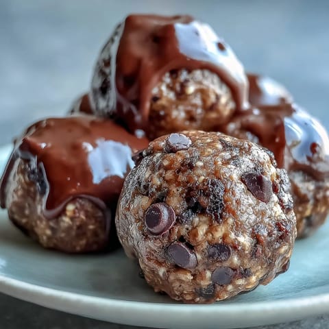 A rustic wooden board displays glossy Vegan Chocolate Peanut Butter Protein Balls, some whole and others sliced to reveal an oat-filled center, served in a white bowl. The stacked arrangement showcases the rich, dark cocoa coating and creamy texture, with scattered oats and a jar of peanut butter nearby, highlighting wholesome ingredients for a quick American snack.
