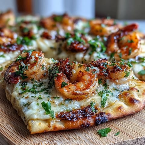 Succulent shrimp in garlic butter sauce on soft naan, topped with bubbly mozzarella and Parmesan.  