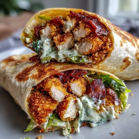 Golden-brown chicken and savory bacon rolled with fresh romaine in creamy Caesar dressing inside soft flour tortillas.  