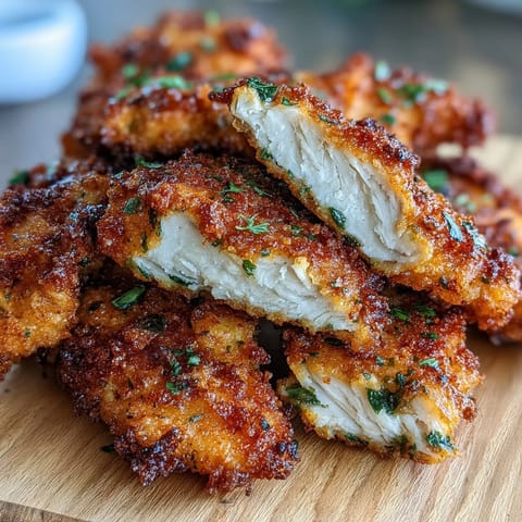 Delicious chicken tenders coated in zesty ranch-seasoned panko breadcrumbs, ideal for family dinners or game-day snacks.  