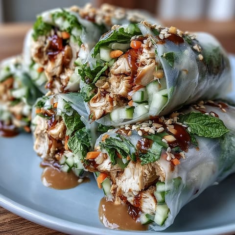 Fresh spring rolls with tender chicken and vibrant veggies, served with a rich, creamy peanut dipping sauce for a light, satisfying meal.  